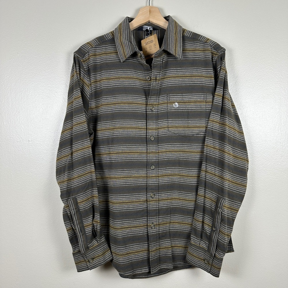 Eddie Bauer Men's S Field Flannel Flex Shirt Dark Fatigue Striped Outdoors NEW